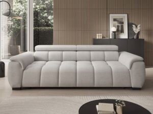 Miniaturka 1 - Sofa Novario 248 cm z regulowanymi zagłówkami w jasnoszarej tkaninie w salonie