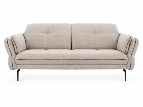 Sofa Terlavio 207 cm z regulowanymi zagłówkami w beżowej tkaninie z ciemną lamówką, na białym tle