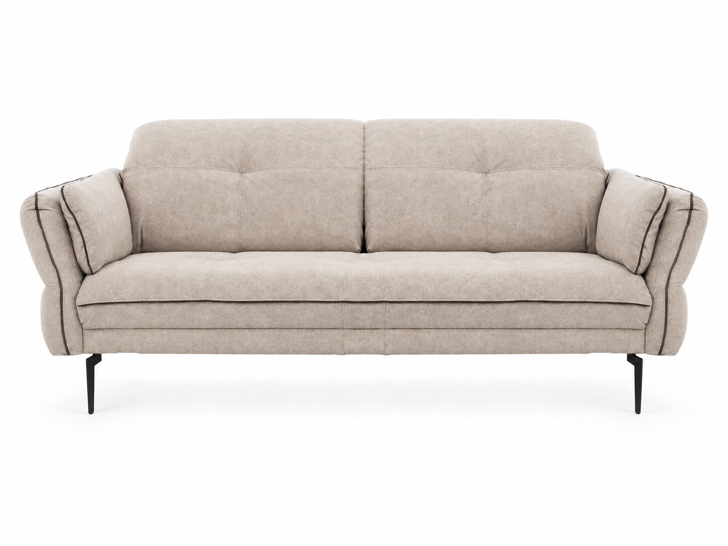 Sofa Terlavio 207 cm z regulowanymi zagłówkami w beżowej tkaninie z ciemną lamówką, na białym tle