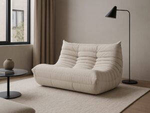 Miniaturka 5 - Sofa dwuosobowa Zenith jasnobeżowa w aranżacji salonu z czarnym stolikiem