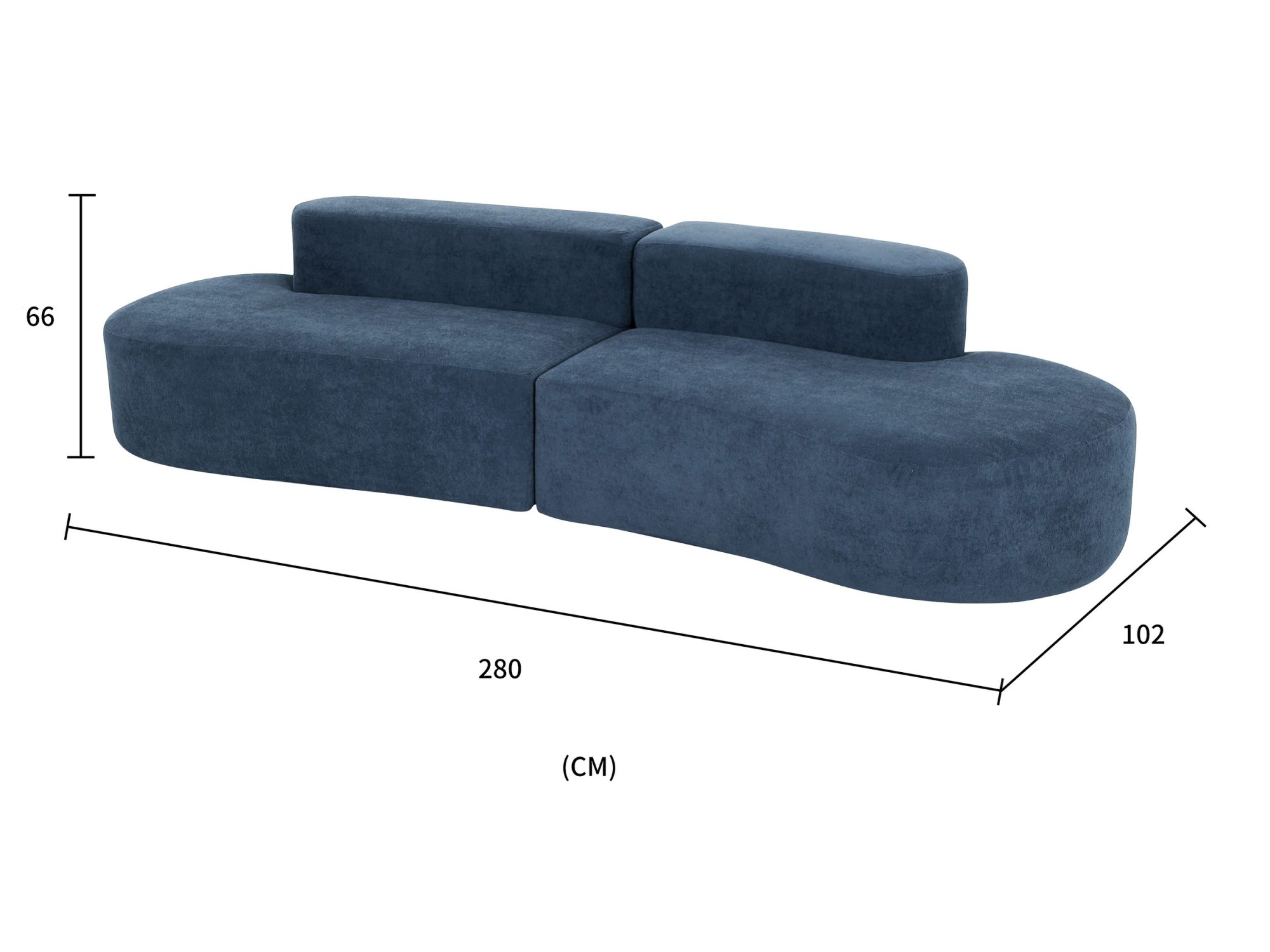 Rysunek wymiarowy sofy Zenith – szerokość 280 cm, głębokość 102 cm, wysokość 66 cm