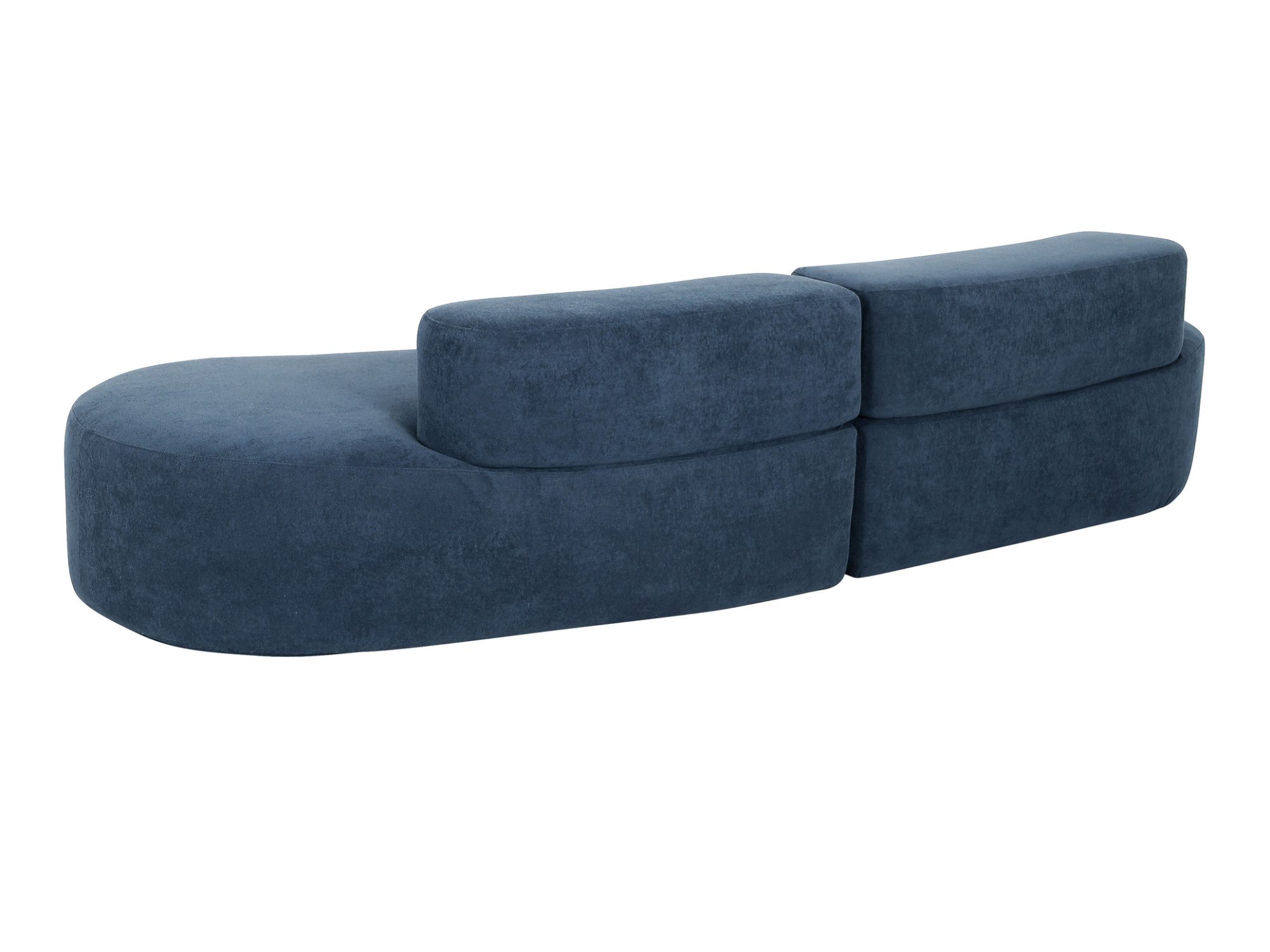 Sofa Zenith granatowa – widok tylnej strony i zaokrąglonego korpusu