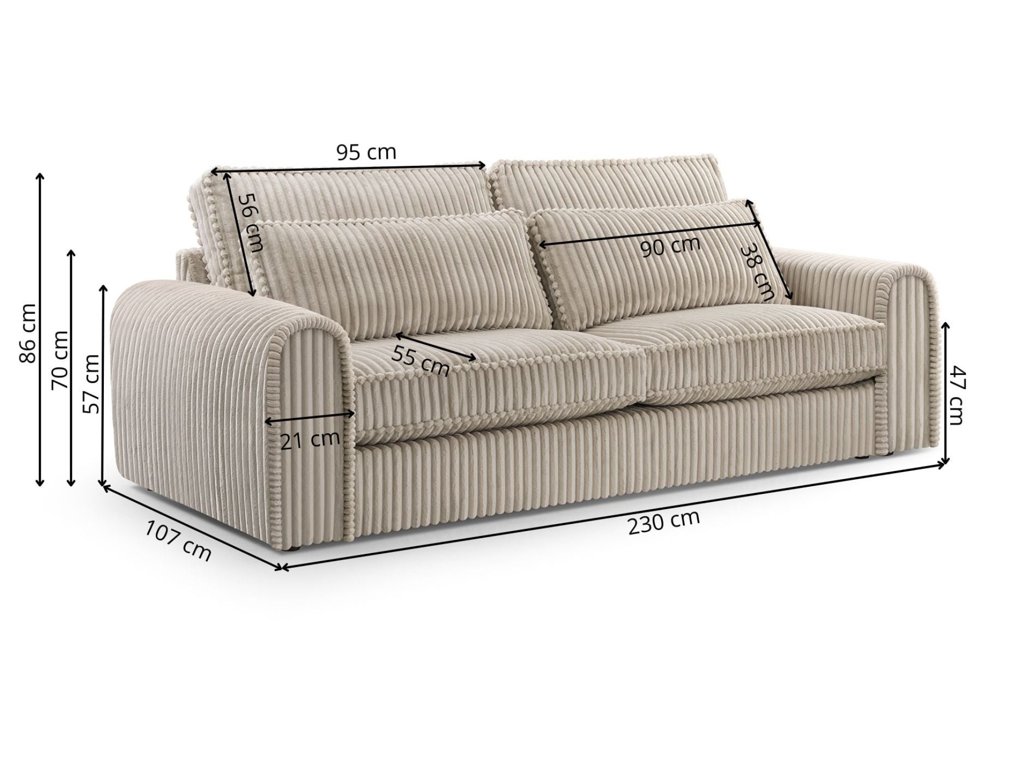 Sofa Zivona – wymiary 230 × 107 × 86 cm