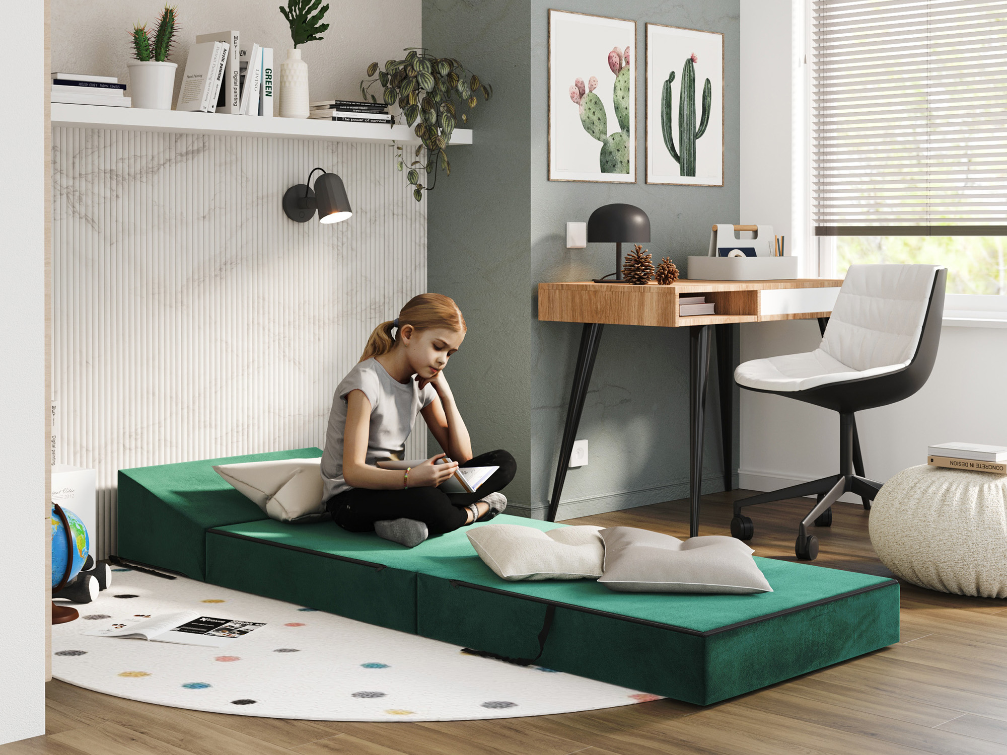 Sofka rozkładana piankowa Nuvessa — 70x200 w pokoju dziecięcym, w kolorze ciemnozielonym