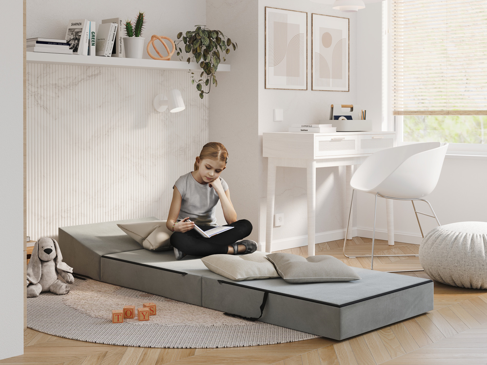 Sofka rozkładana piankowa Nuvessa — 70x200 w pokoju dziecięcym, w kolorze szarym