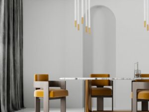 Miniaturka 3 - Inspiracja kolekcją Sopel Due – kilka biało-złotych lamp nad stołem