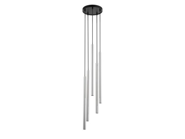 Lampa wisząca Sopel Lux 5 koło czarno-srebrna – pięć szczotkowanych srebrnych tub na okrągłej rozecie