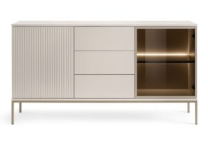 Miniaturka 5 - Komoda Spokój kaszmir 154 cm – 3 szuflady, ryflowane drzwi i witrynka LED