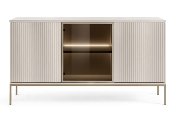 Komoda Spokój kaszmir 154 cm – 3 drzwi, środkowa witrynka LED