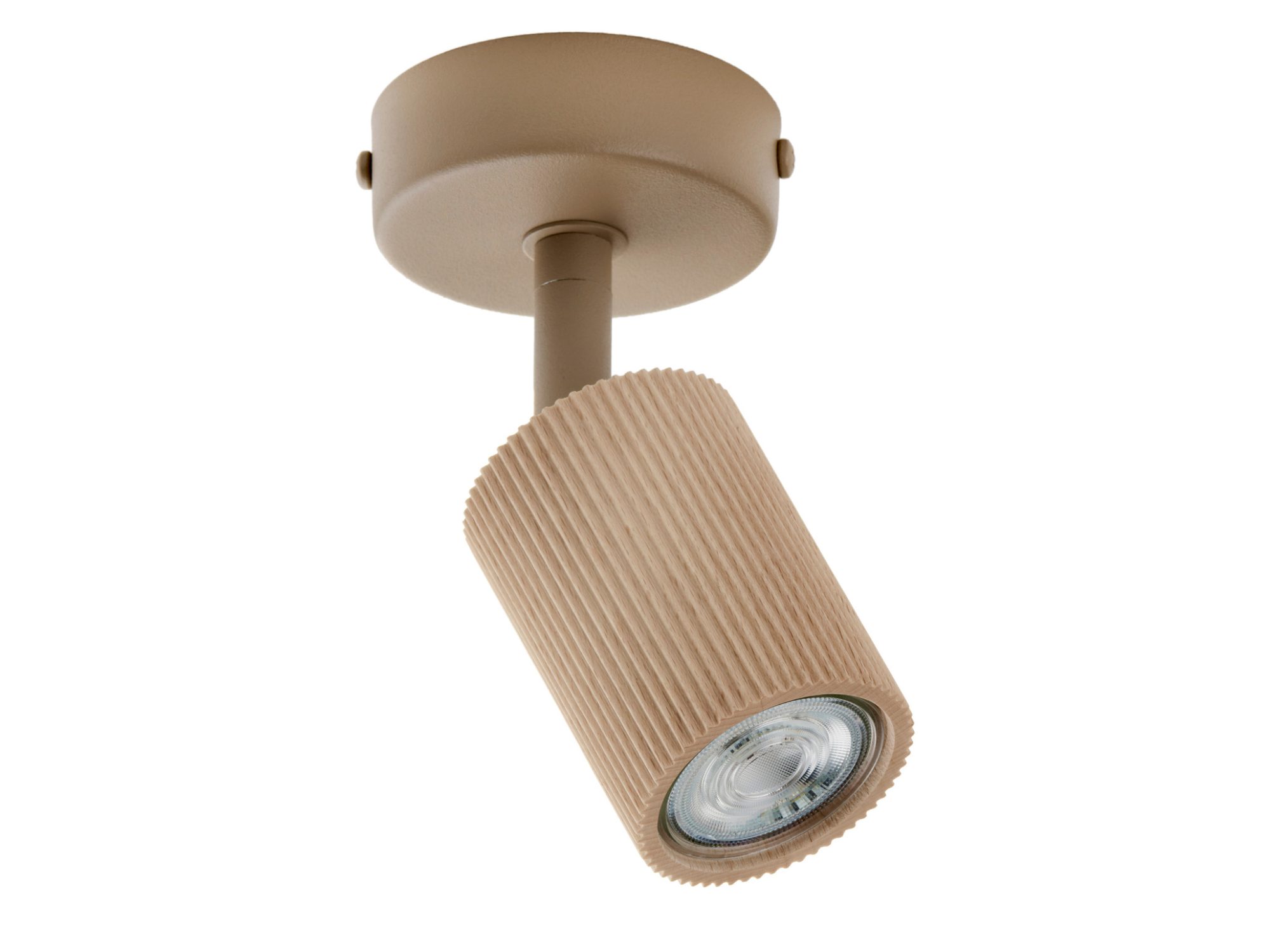 Spot Optic Wood ruchomy 1, beżowy korpus i ryflowany drewniany klosz na białym tle