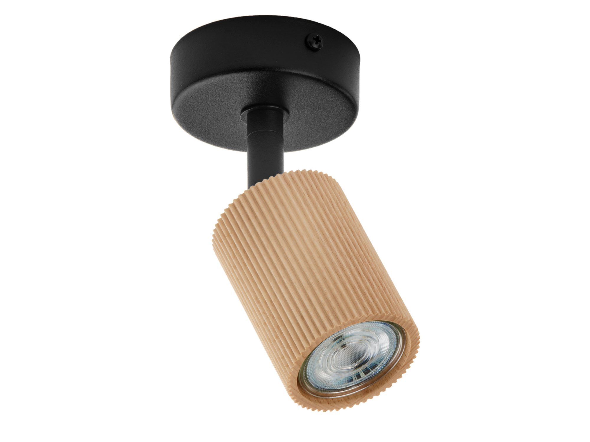 Spot Optic Wood ruchomy 1, czarna podsufitka i klosz z naturalnego drewna bukowego na białym tle