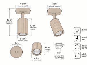 Miniaturka 6 - Rysunek wymiarowy spotu Optic Wood ruchomy 1 z wysokością 16 cm i średnicą klosza 6 cm