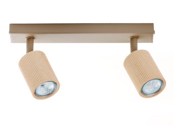 Spot Optic Wood ruchomy 2 ciepły beż z kloszami z drewna bukowego na białym tle