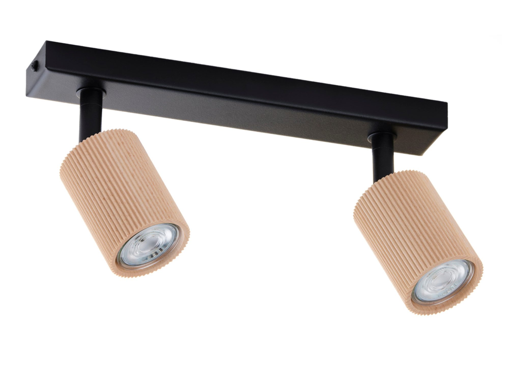 Czarny spot Optic Wood ruchomy 2 – detal dwóch kloszy z drewna naturalnego