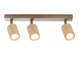 Miniaturka 2 - Beżowy spot Optic Wood ruchomy 3 z trzema drewnianymi kloszami i włączonymi punktami GU10