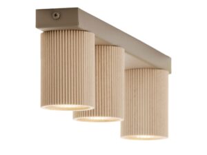 Miniaturka 4 - Spot Optic Wood S3, zbliżenie trzech cylindrycznych kloszy z drewna bukowego i beżowego mocowania