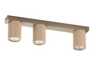 Miniaturka 2 - Spot Optic Wood S3 z ciepłobeżową listwą i trzema drewnianymi kloszami, ujęcie ukośne
