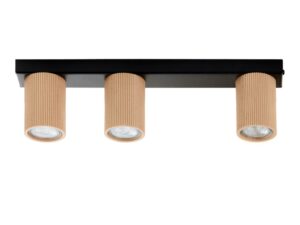 Miniaturka 1 - Spot Optic Wood S3, trzy drewniane klosze i czarna listwa sufitowa na białym tle