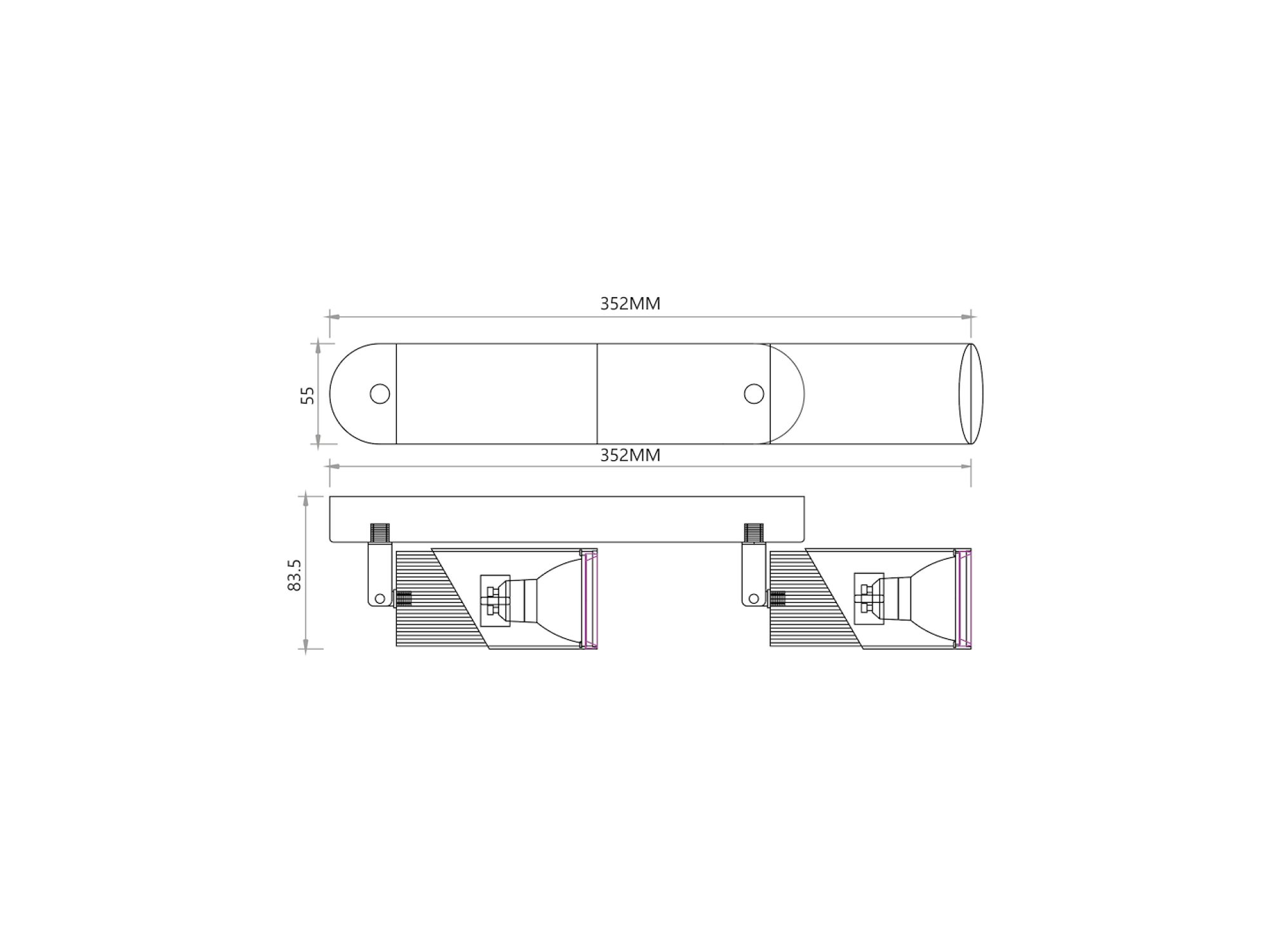 Spot sufitowy dwupunktowy GU10 schemat wymiarów długość 35,2 cm