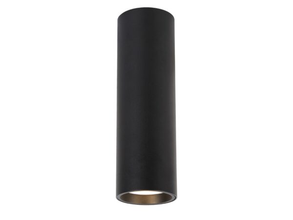 Czarny cylindryczny spot natynkowy GU10 o wysokości 20 cm na białym tle