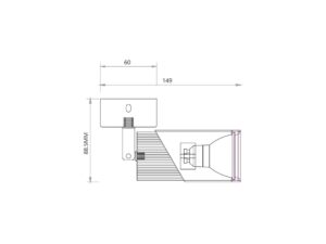 Miniaturka 6 - Rysunek techniczny regulowanego spotu GU10 z wymiarami podstawy i wysięgu