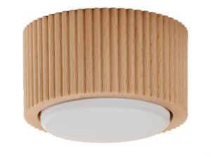 Miniaturka 1 - Spot Tubo Wood Natural S buk, jasny ryflowany klosz i widoczna biała osłona żarówki