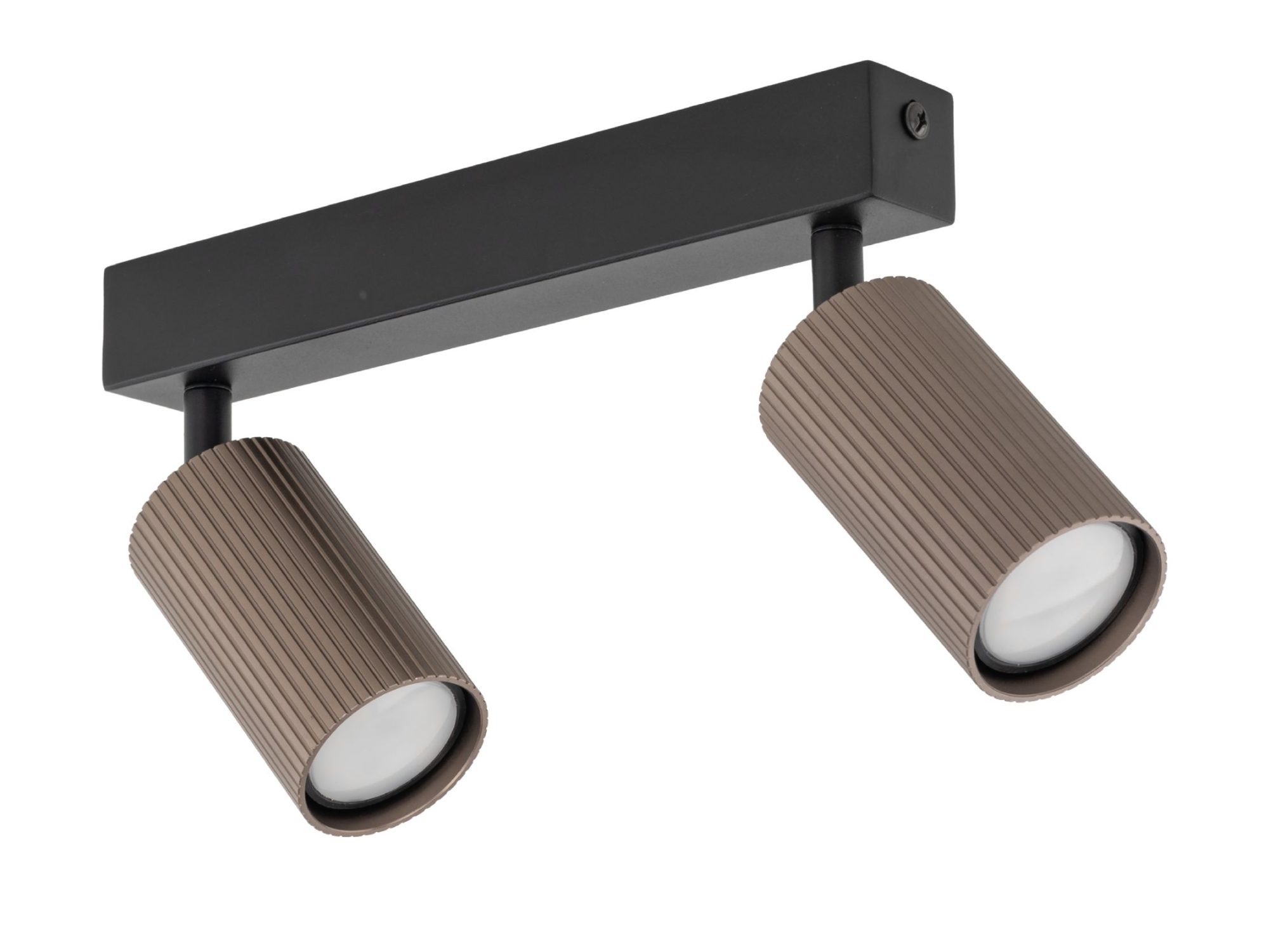 Lampa sufitowa Tune 2-punktowa GU10 z dwoma brązowymi reflektorami i czarnym stelażem na białym tle