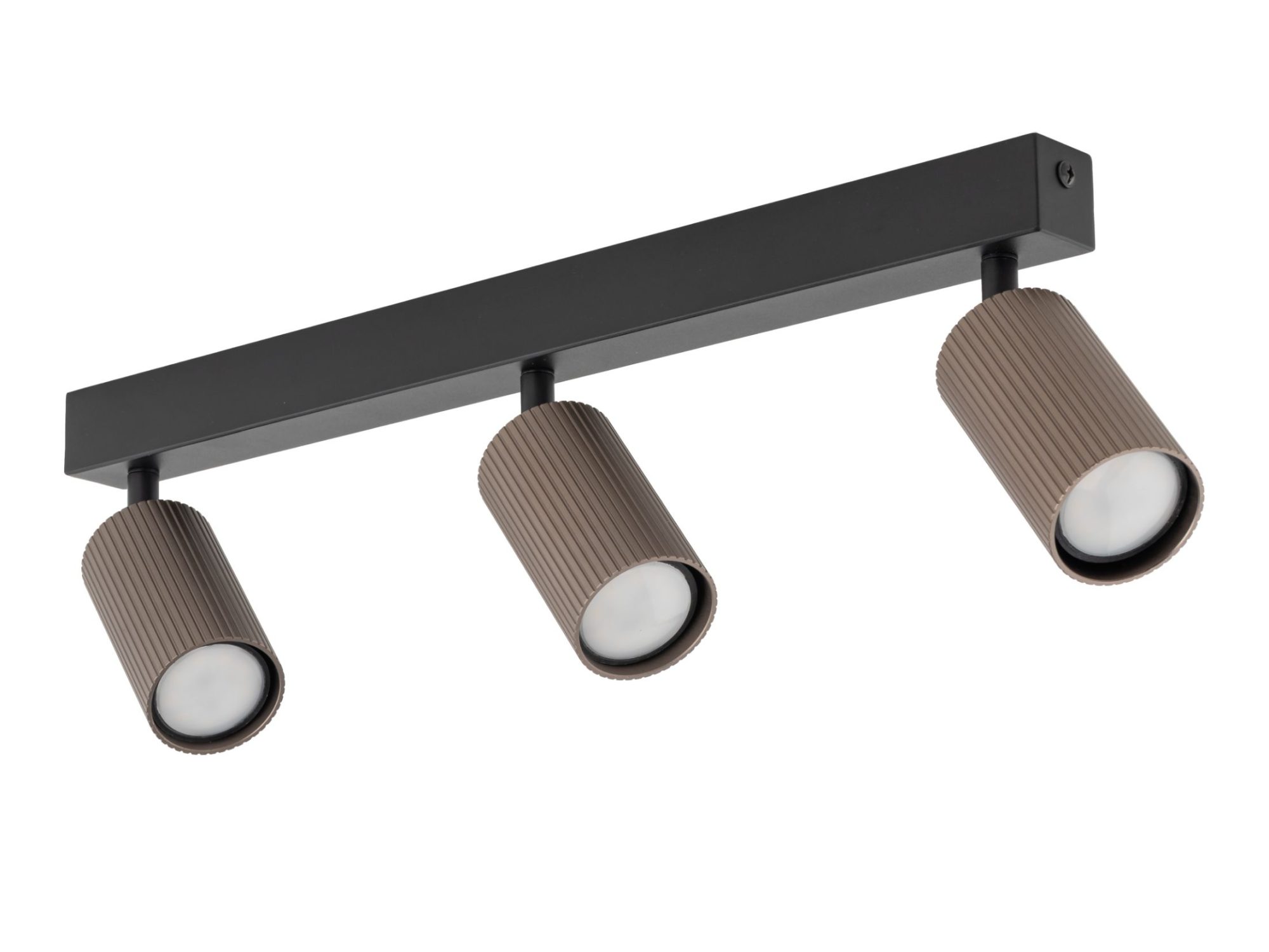 Lampa sufitowa Tune 3-punktowa GU10 z trzema brązowymi reflektorami na czarnej listwie na białym tle