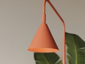 Miniaturka 114 - Stalowa lampa podłogowa Sorvella 165 cm ochra czerwona na tle roślin – zbliżenie