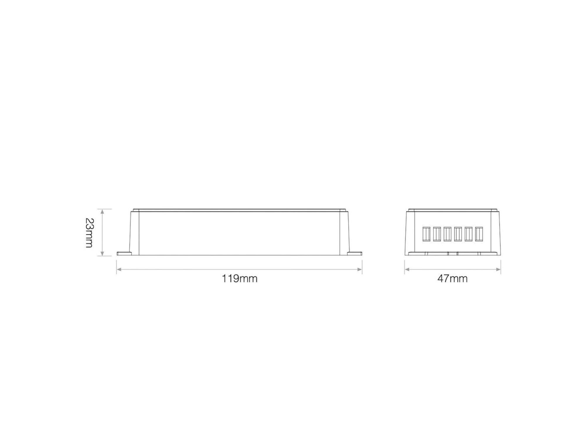 Sterownik LED MONO CCT – rysunek wymiarów 119 × 47 × 23 mm
