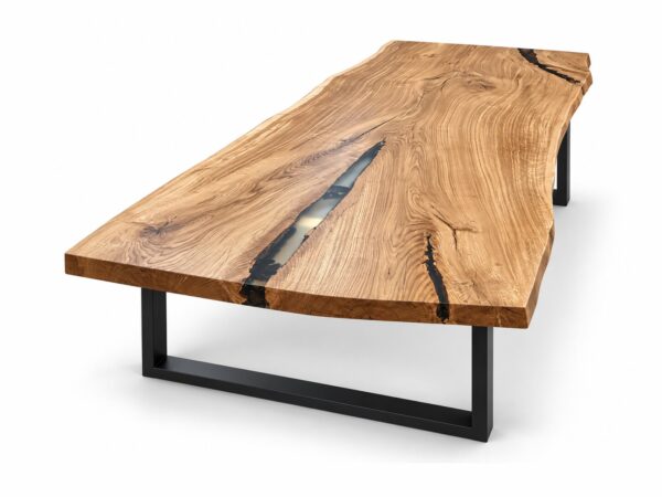 Stół dębowy z jednej deski z żywicą 270x107 cm LUCENTO na stalowych nogach ramowych – zdjęcie produktowe na białym tle