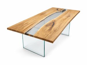Miniaturka 9 - Stół dębowy z żywicą epoksydową 197x80 cm RIVERA na szklanych nogach – zdjęcie produktowe na białym tle
