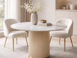 Miniaturka 2 - Okrągły stół Eleganza 120 cm z dwoma jasnymi fotelami w jadalni