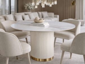 Miniaturka 4 - Stół okrągły Eleganza z marmurowym blatem otoczony tapicerowanymi fotelami