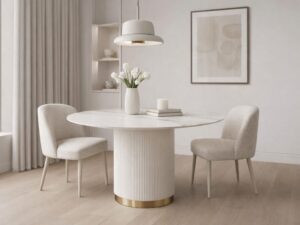 Miniaturka 3 - Stół Eleganza 120 cm ecru z marmurowym blatem i dwoma krzesłami przy ścianie