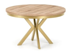 Miniaturka 9 - Stół rozkładany okrągły Edvaro 120 cm z obręczą na złotym lub miedzianym stelażu – blat dąb sonoma, złoty stelaż