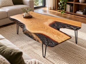Miniaturka 2 - Stolik kawowy CORTEZA na nogach typu hairpin w salonie — widok z góry na cały blat – aranżacja wnętrza