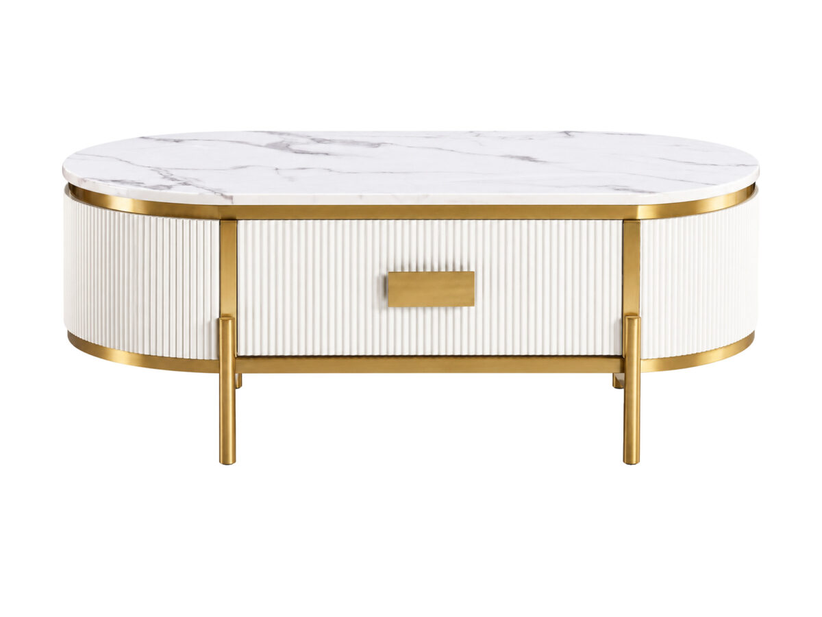 Stolik kawowy ecru 124 cm z ryflowaną szufladą – Eleganza