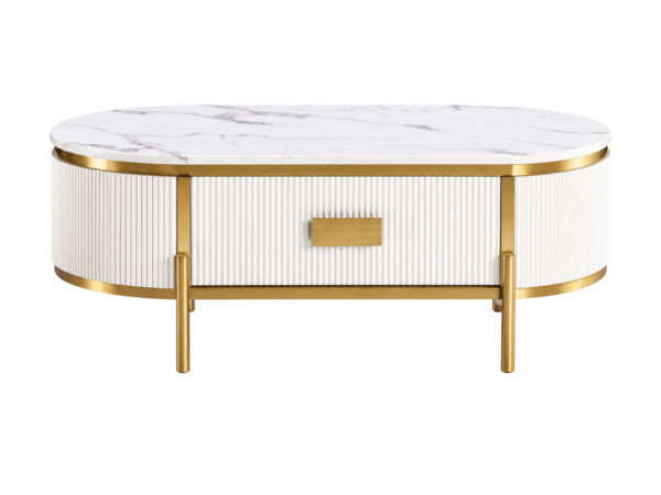 Stolik kawowy ecru 124 cm z ryflowaną szufladą Eleganza — widok produktu na białym tle