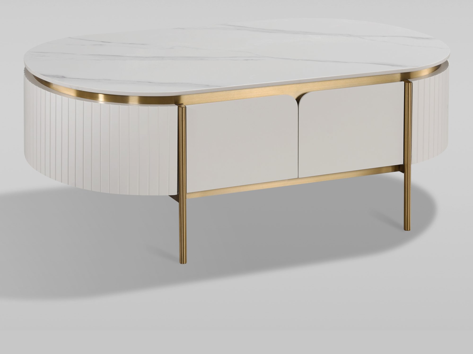 Stolik kawowy Eleganza ecru z marmurowym blatem i dwiema szufladami – packshot pod kątem