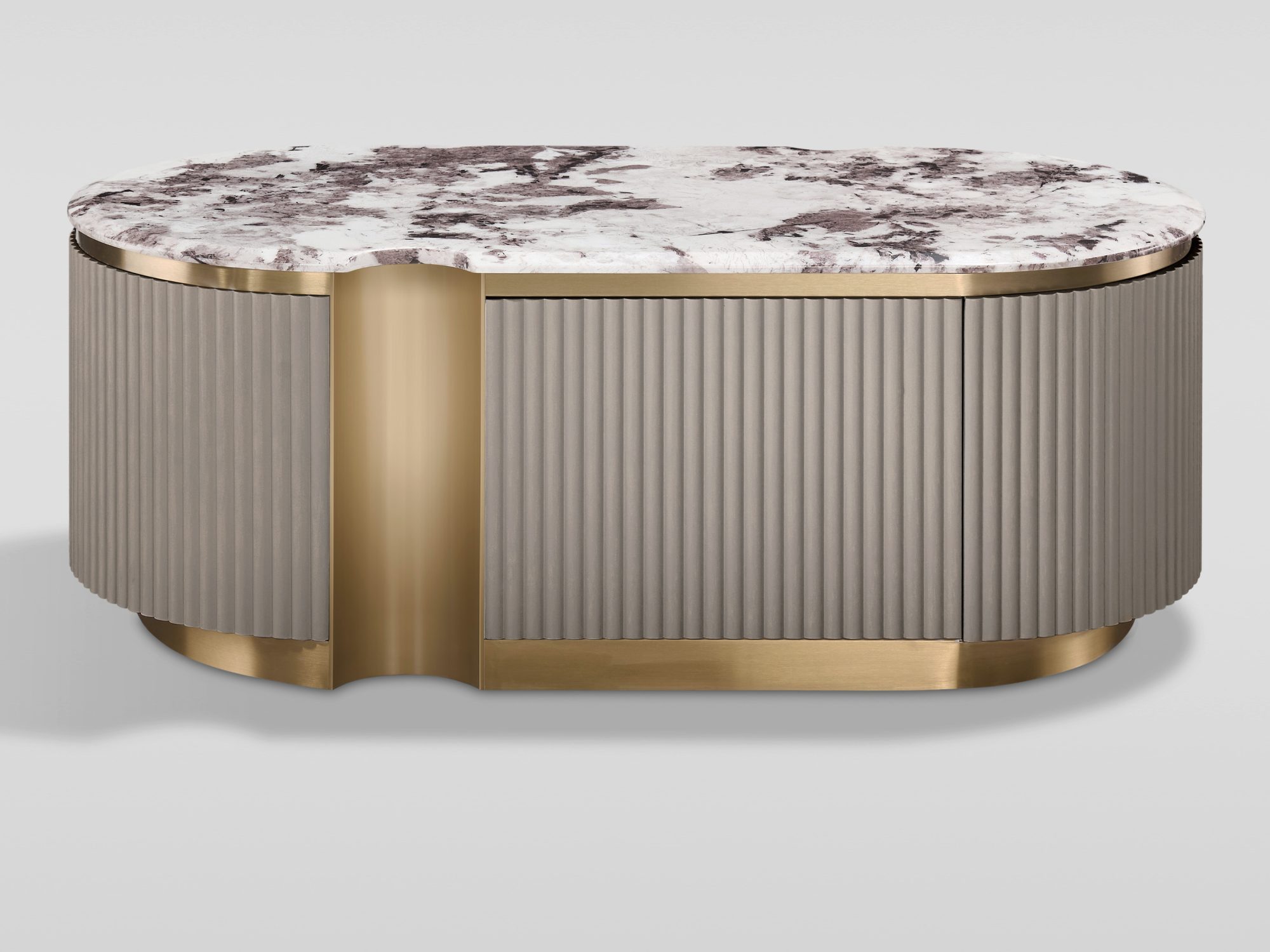 Stolik kawowy Eleganza 122 cm ciemny taupe ze złotym cokołem – front