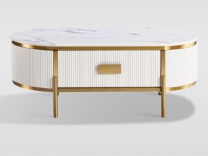 Miniaturka 1 - Stolik kawowy Eleganza 124 cm ecru z marmurowym blatem i złotymi nogami – front