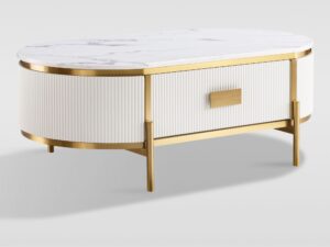 Miniaturka 3 - Stolik kawowy Eleganza 124 cm – złoty uchwyt i ryflowany front jednej szuflady