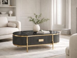 Miniaturka 5 - Stolik Eleganza grafitowy z czarnym blatem i wazonem w salonie