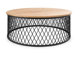 Miniaturka 6 - Stolik kawowy okrągły Lunari 75 cm na ażurowym stelażu – blat dąb artisan, czarny stelaż