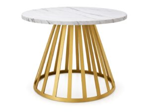 Miniaturka 6 - Stolik kawowy okrągły Tamsino 58 cm na geometrycznym stelażu – blat marmur bianco, złoty stelaż