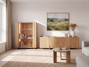 Miniaturka 2 - Stolik kawowy Traverio z naturalnego dębu w jasnym salonie z kolekcją mebli