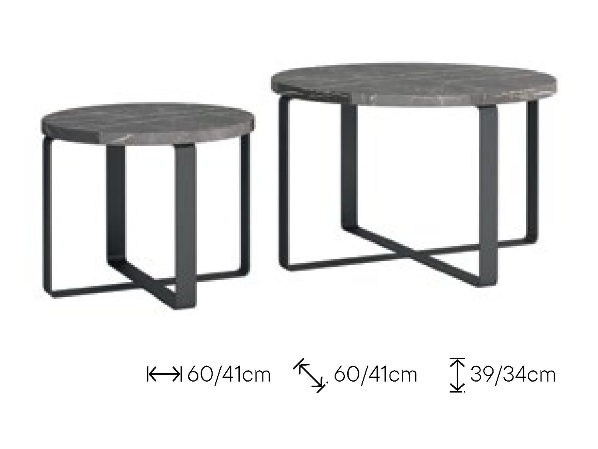 Wymiary stolików kawowych Kodvero – średnica 60 i 41 cm, wysokość 39 i 34 cm