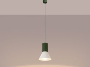 Miniaturka 17 - Stożkowa lampa wisząca Avelira 14 cm beżowy + zielony oliwkowy z włączonym światłem