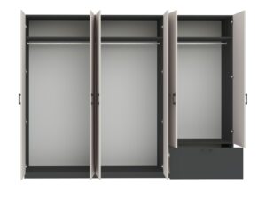 Miniaturka 4 - Sześciodrzwiowa szafa Altavero 270 cm w antracycie i kaszmirze – otwarte półki i drążki